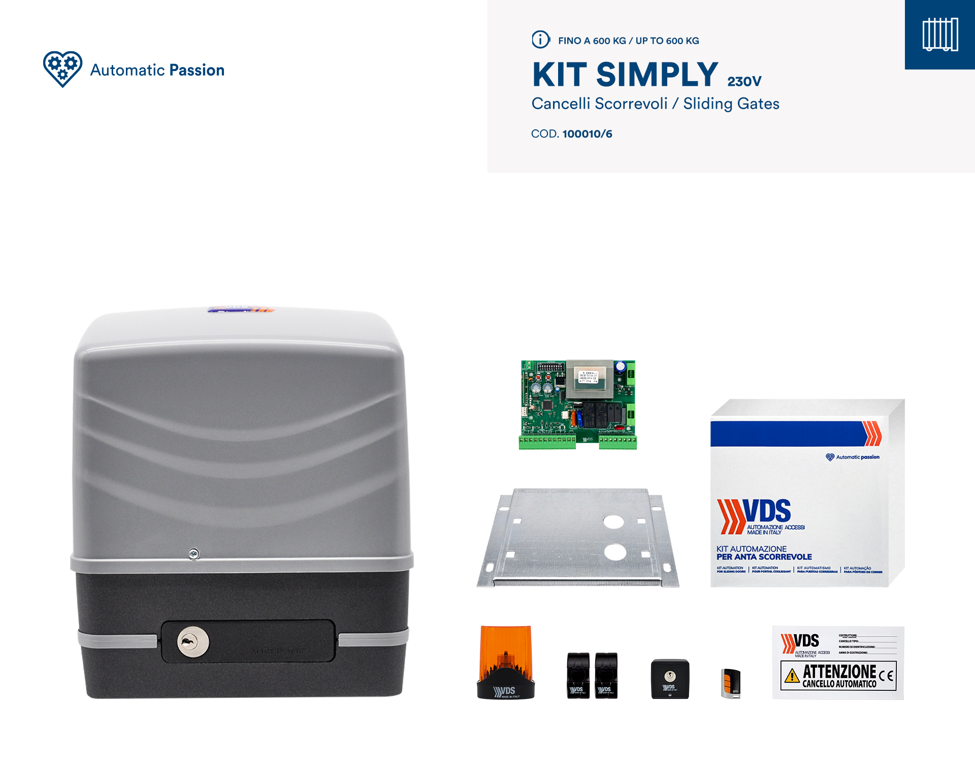 Kit per cancelli scorrevoli VDS fino a 600kg Simply 230v