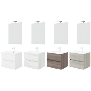 Mobile Per Bagno Sospeso con 2 Cassetti, Specchio, Lavabo e Consolle In Ceramica cm 60